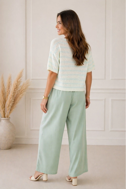 lekka bluzka damska oversize ecru w paski miętowe krótki rękaw styl casual Felette