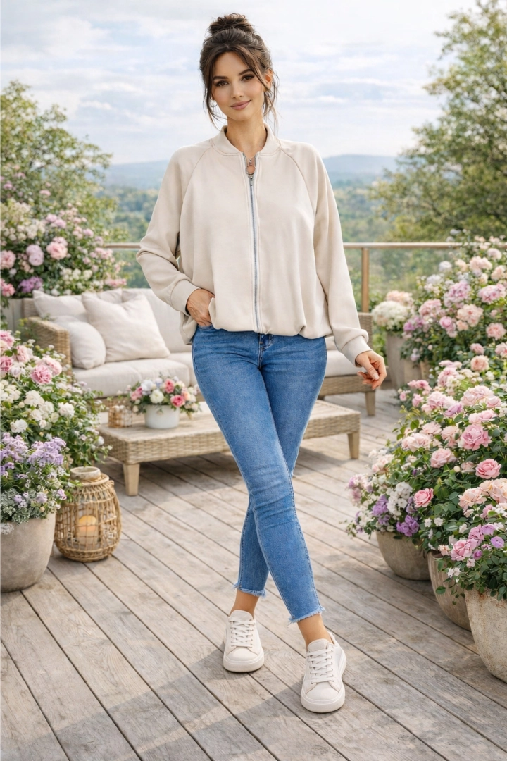 Bluza damska bomberka Roccacasale beżowa na suwak kieszenie długi rękaw ściągacz