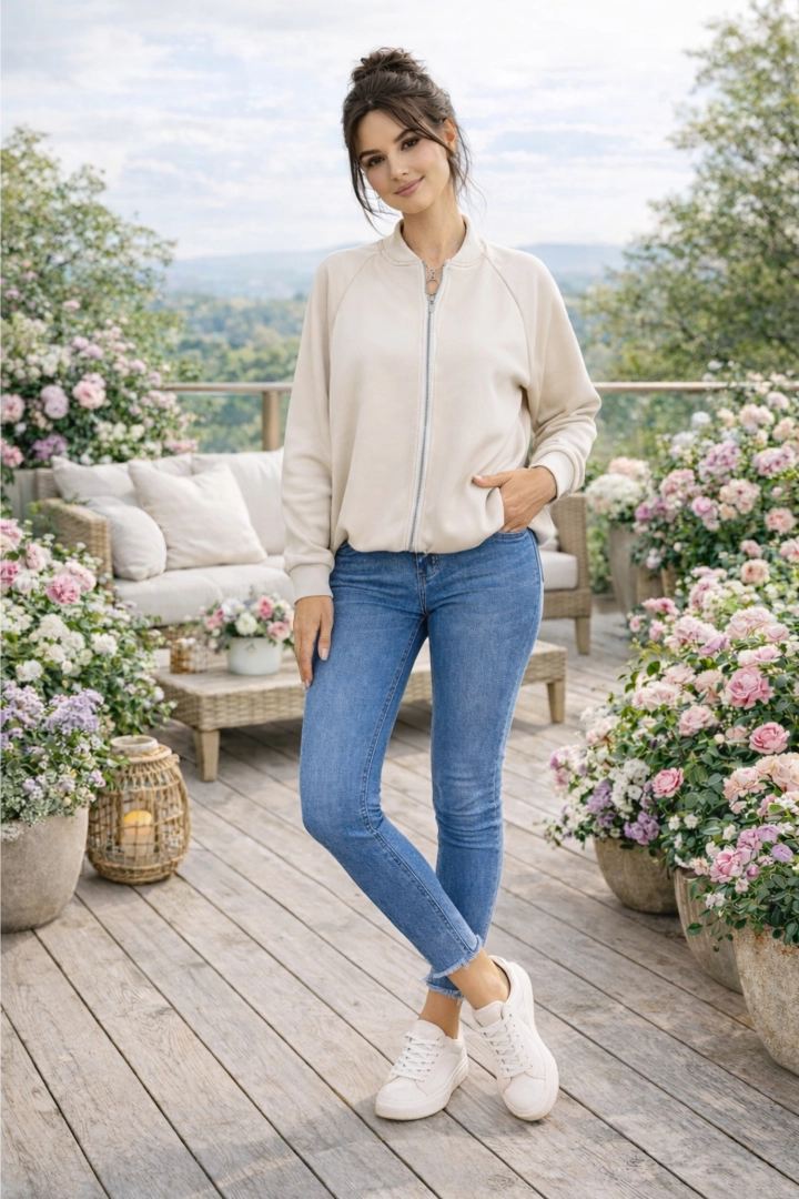 Bomberka damska beżowa Roccacasale z kieszeniami na suwak długi rękaw i ściągacz u dołu