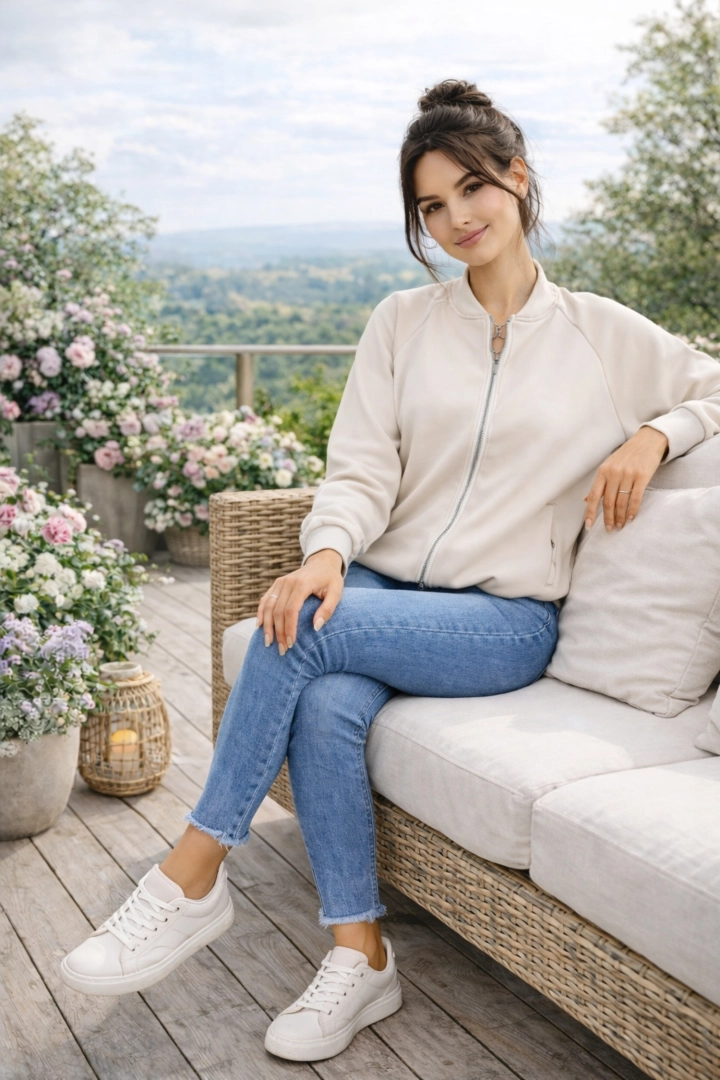 Bluza bomberka beżowa damska na suwak kieszenie długi rękaw ściągacz Roccacasale