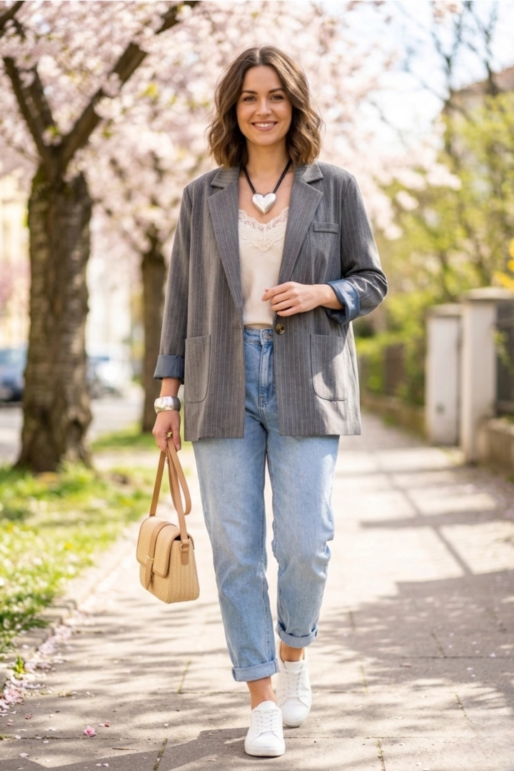 Żakiet damski oversize szary w prążki zapinany na guzik casual z kieszeniami Nociaccia