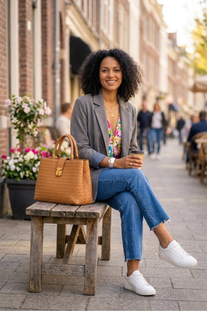 żakiet damski grafitowy popielaty oversize w prążki z kieszeniami zapinany na guzik Nociaccia