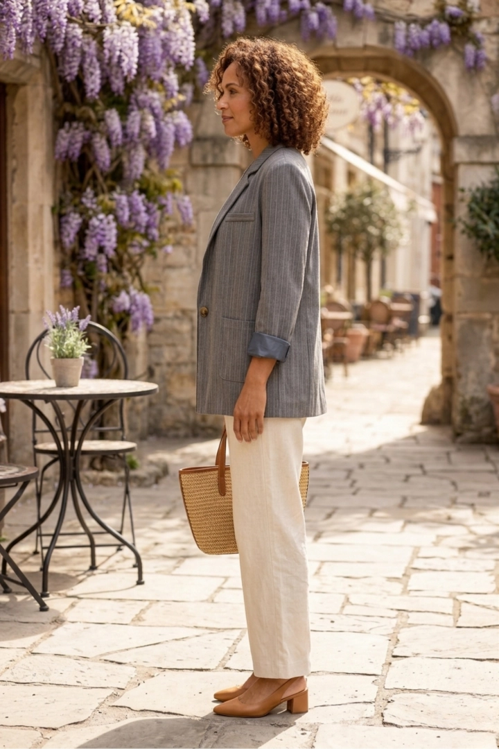 żakiet damski szary oversize w paski na guzik z kieszeniami na co dzień Nociaccia