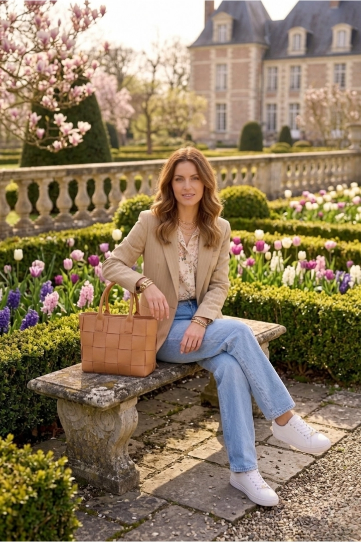 żakiet damski cappuccino oversize w paski na guzik z kieszeniami na co dzień Nociaccia