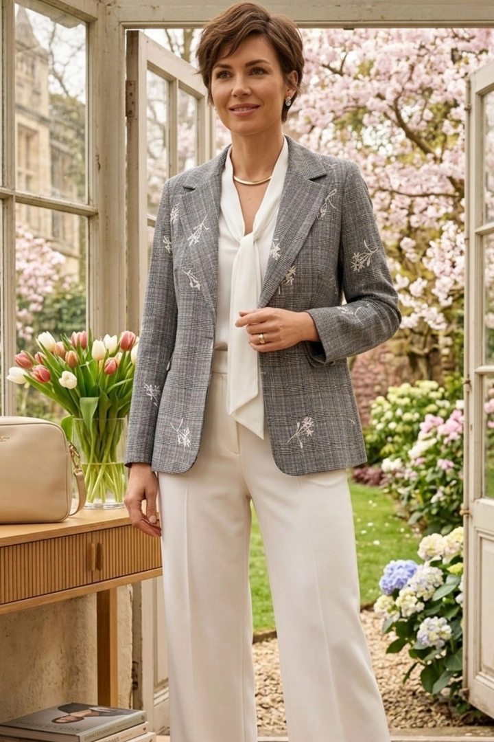 żakiet damski oversize wiosenny szary grafitowy w kratę z haftowanymi kwiatami zapinany na guzik Guinnazzi