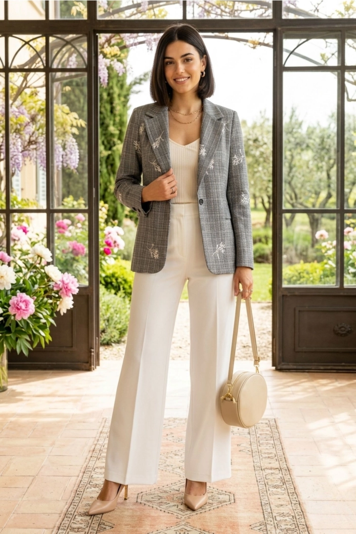 żakiet damski szary oversize na wiosnę w kratę z haftem kwiatowym i guzikiem Guinnazzi