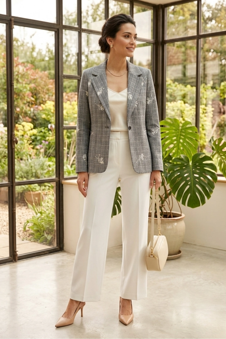 marynarka damska oversize szara w kratę z haftowanymi kwiatami zapinana na guzik styl miejski Guinnazzi