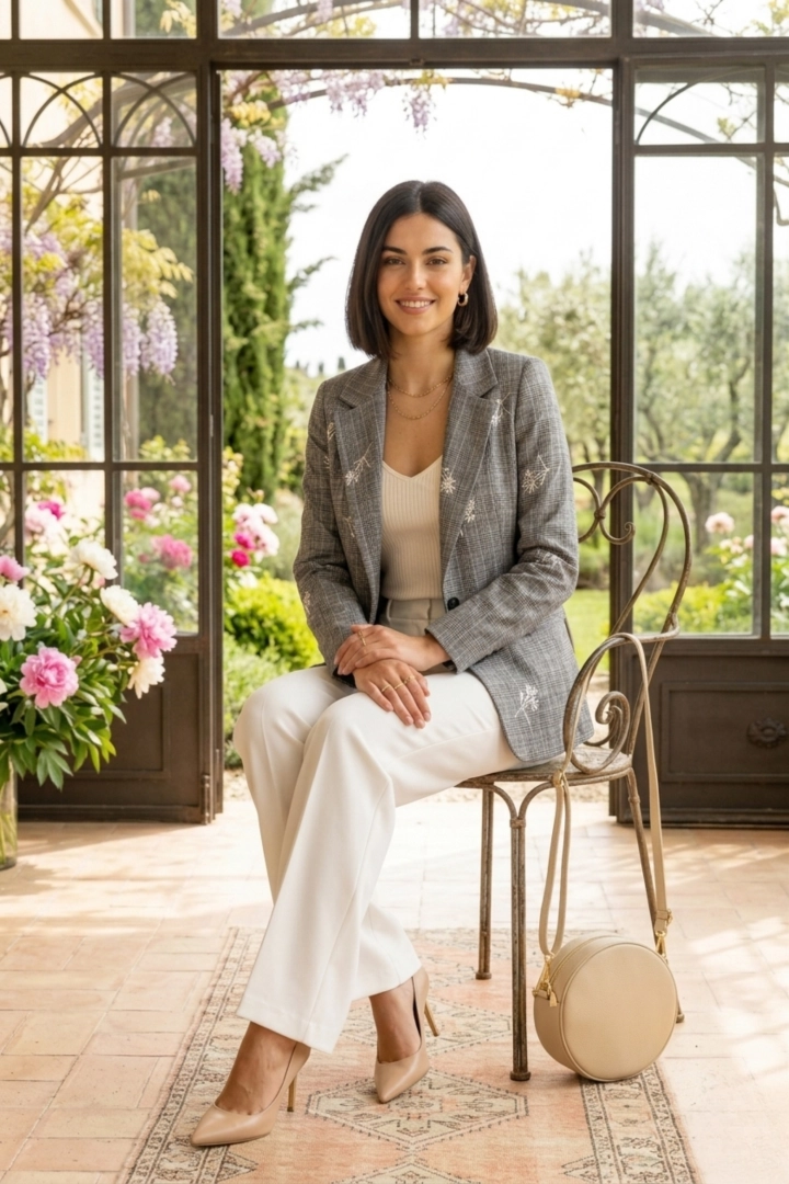 żakiet damski grafitowy popielaty oversize w kratę z haftem kwiatowym na guzik Guinnazzi