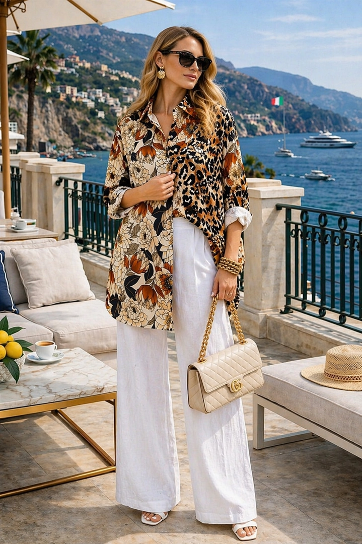  Koszula satynowa beżowa w panterkę i kwiaty na guziki z kołnierzem i kieszonką Lettomanoppello