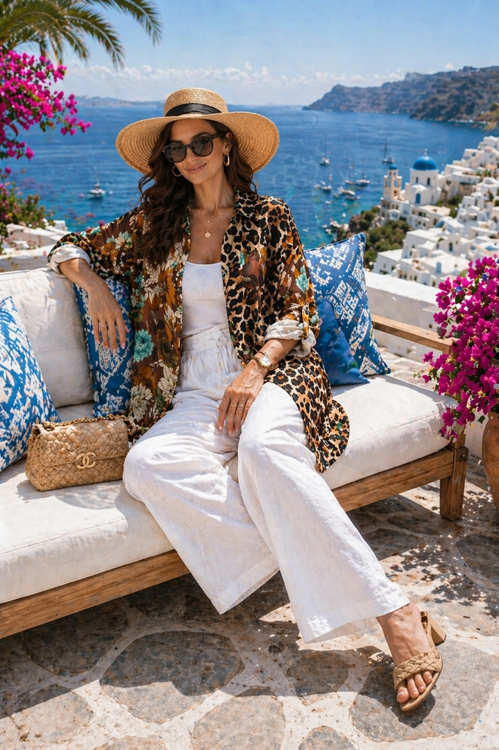 Koszula damska satynowa brązowa panterka i kwiaty guziki kołnierz kieszonka Lettomanoppello