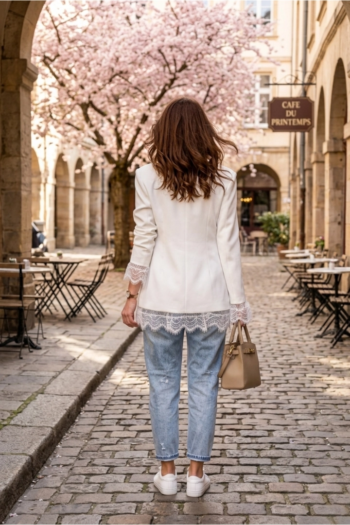 Żakiet damski ecru z koronką zaokrąglony dół imitacja kieszeni guzik Picciano