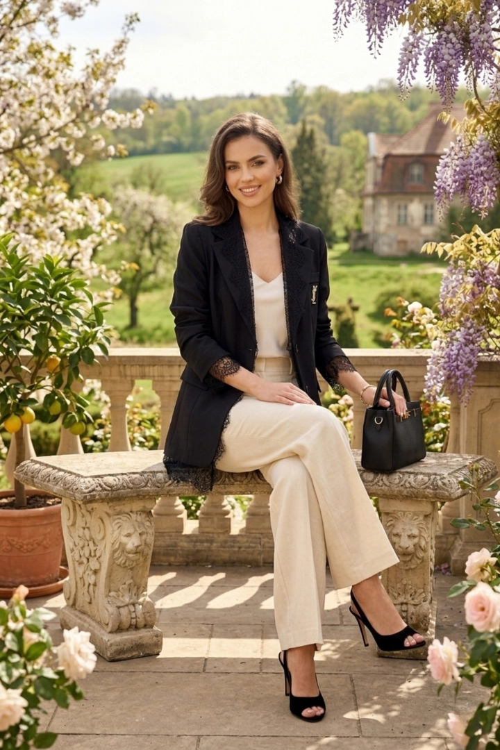 Czarna marynarka damska z koronką i srebrną aplikacją na guziki z kieszeniami Pietranico