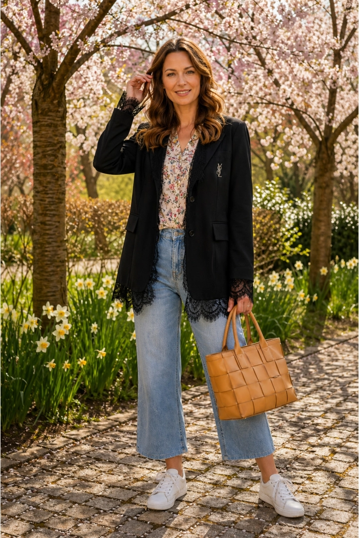 Żakiet damski czarny z koronkowym wykończeniem srebrna aplikacja guziki kieszenie Pietranico