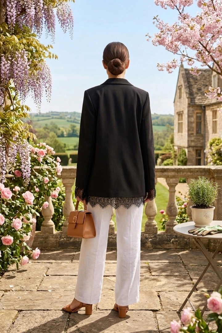 Marynarka czarna damska z koronką i ozdobną aplikacją zapinana na guziki z kieszeniami Pietranico