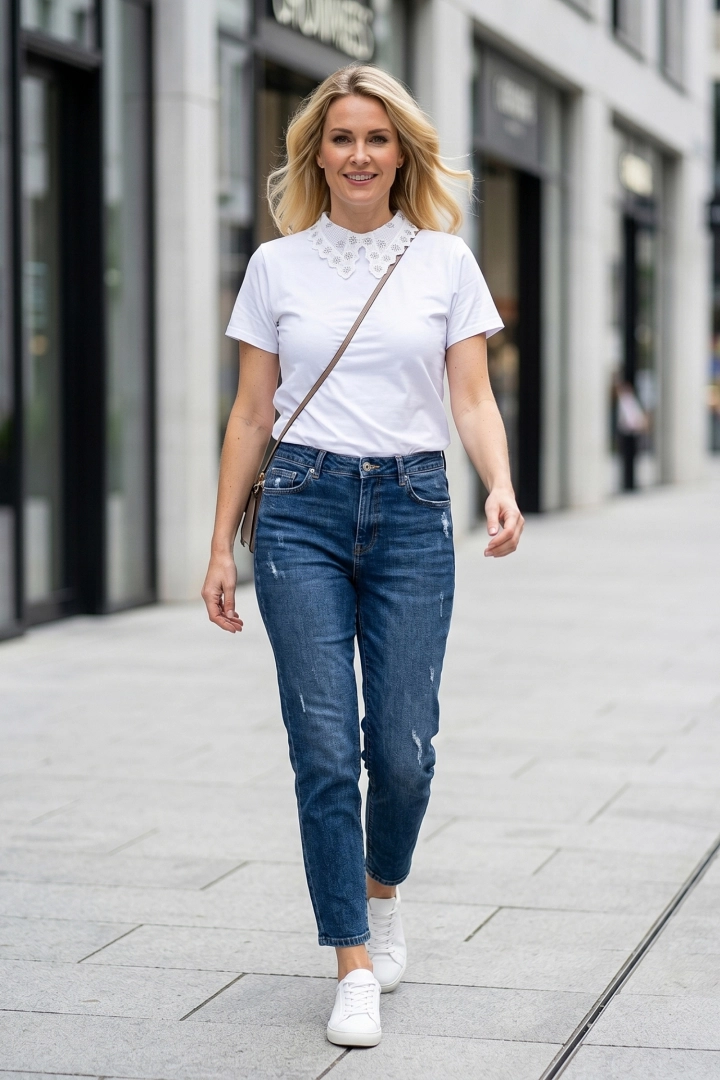 Elegancka bluzka biała Cenerentoza t-shirt z krótkim rękawem i kołnierzykiem z dżetami w kształcie kwiatów