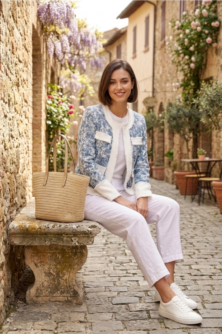 żakiet damski niebieski baby blue z dżetami i jeansowymi wstawkami kieszenie Vallesaccarda