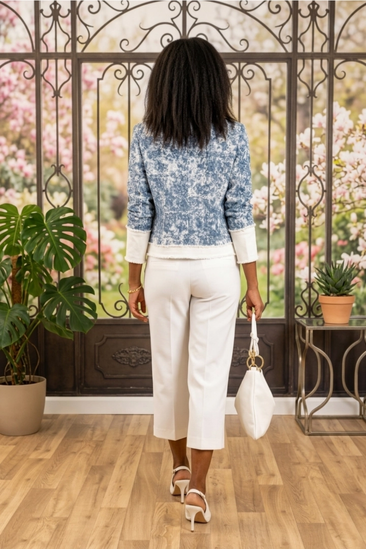 żakiet damski błękitny z kieszeniami i dżetami oraz jeansowymi wstawkami Vallesaccarda