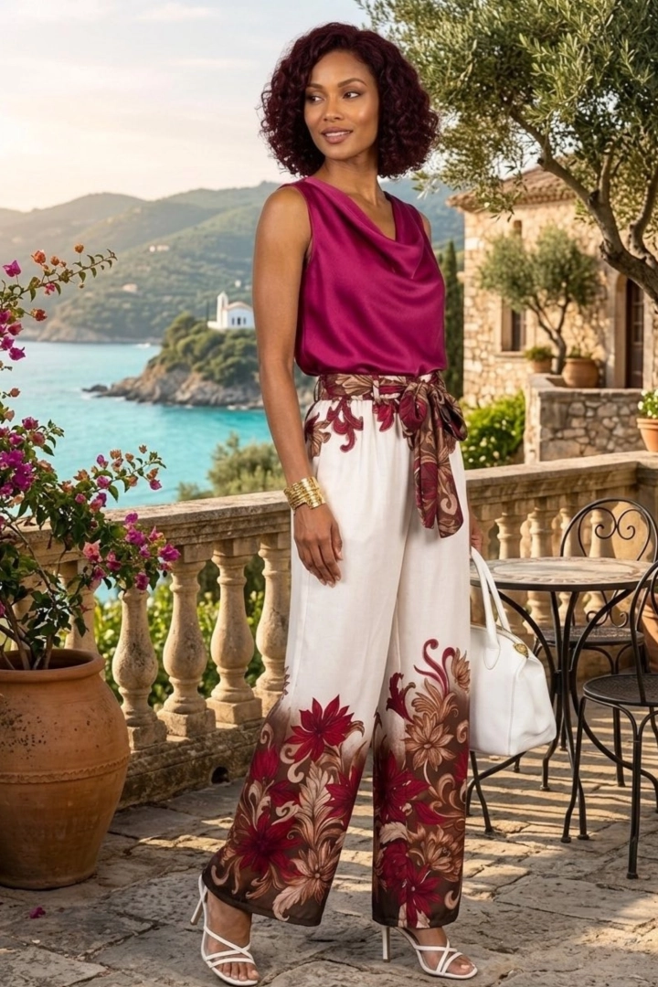 Spodnie wide leg satynowe ecru z burgundem w kwiaty z kieszeniami wiązaniem w pasie na gumce Roccamorice