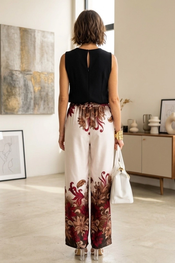 Satynowe spodnie wide leg ecru burgund kwiaty kieszenie gumka wiązanie w pasie Roccamorice