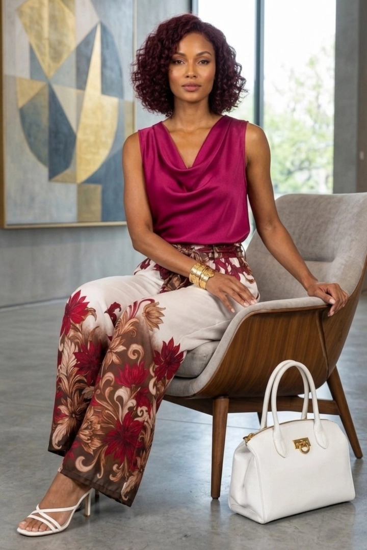 Spodnie wide leg damskie satynowe ecru burgund kwiatowy print kieszenie pas na gumce Roccamorice