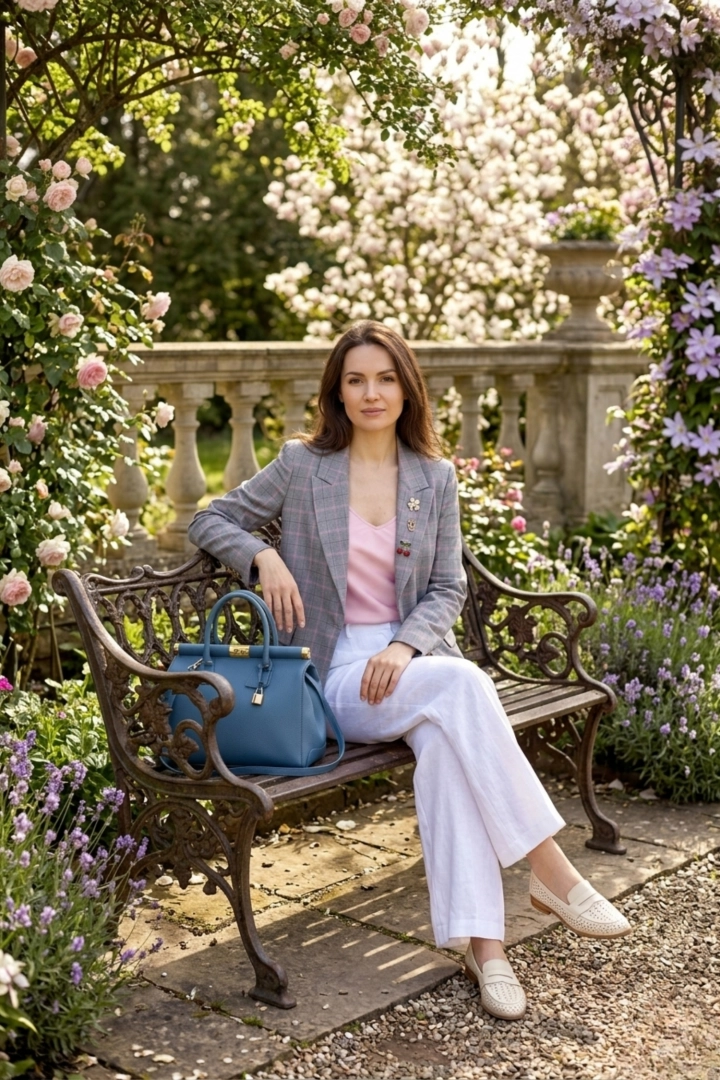 Żakiet Riotorio szary różowy w kratę marynarka klasyczna z klapami zapinana na guzik