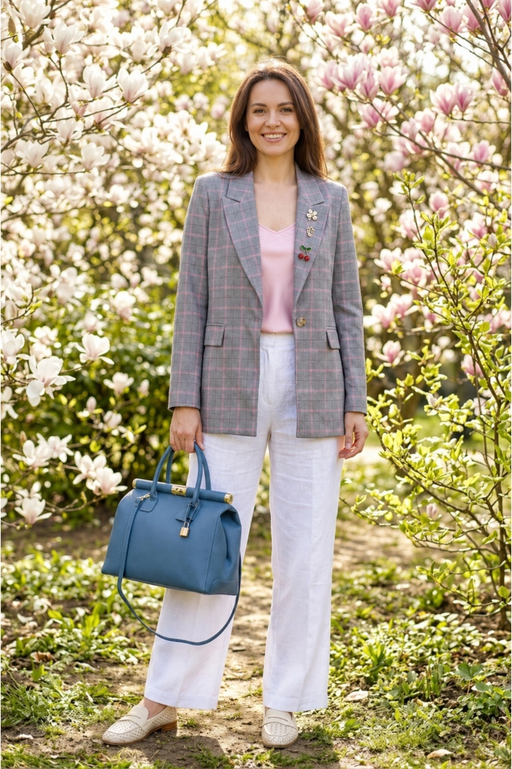 Marynarka szara różowa Riotorio w kratę klasyczny żakiet zapinany na guzik z klapami