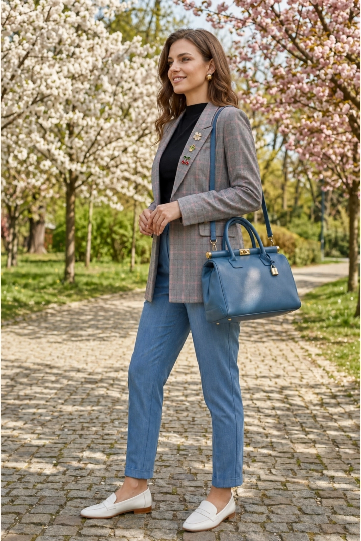 Elegancki żakiet szary różowy Riotorio w kratę klasyczny fason z klapami i guzikiem