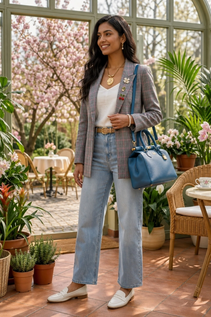 Żakiet damski szary z różowym w kratę marynarka zapinana na guzik Riotorio