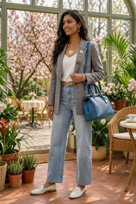 Szary żakiet Riotorio w kratę z różowym akcentem klasyczny fason zapinany na guzik