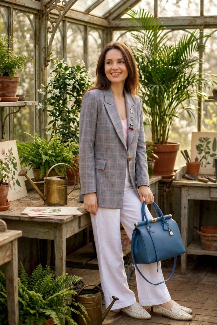 Żakiet w kratę szary różowy model Riotorio klasyczny fason marynarki z klapami