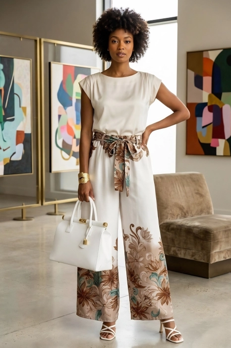 Spodnie wide leg satynowe ecru z brązem w kwiaty z kieszeniami wiązaniem w pasie na gumce Roccamorice