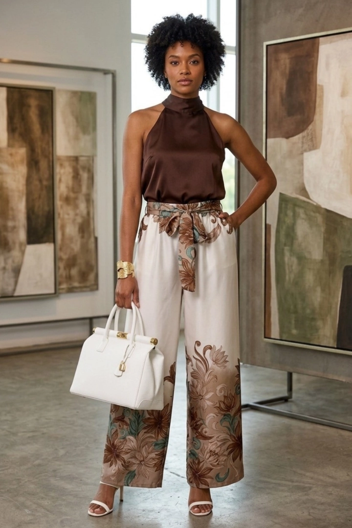 Modelka ma na sobie spodnie z kwiatowym wzorem, które zapewniają komfort noszenia i estetyczny efekt bez dodatkowych elementów.