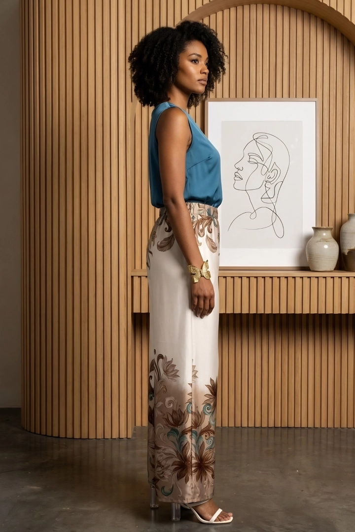 Satynowe spodnie wide leg ecru brąz kwiaty kieszenie gumka wiązanie w pasie Roccamorice