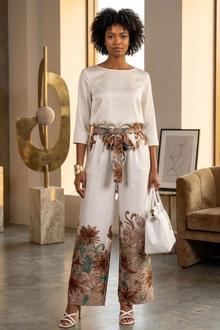 Spodnie wide leg damskie satynowe ecru brąz kwiatowy print kieszenie pas na gumce Roccamorice