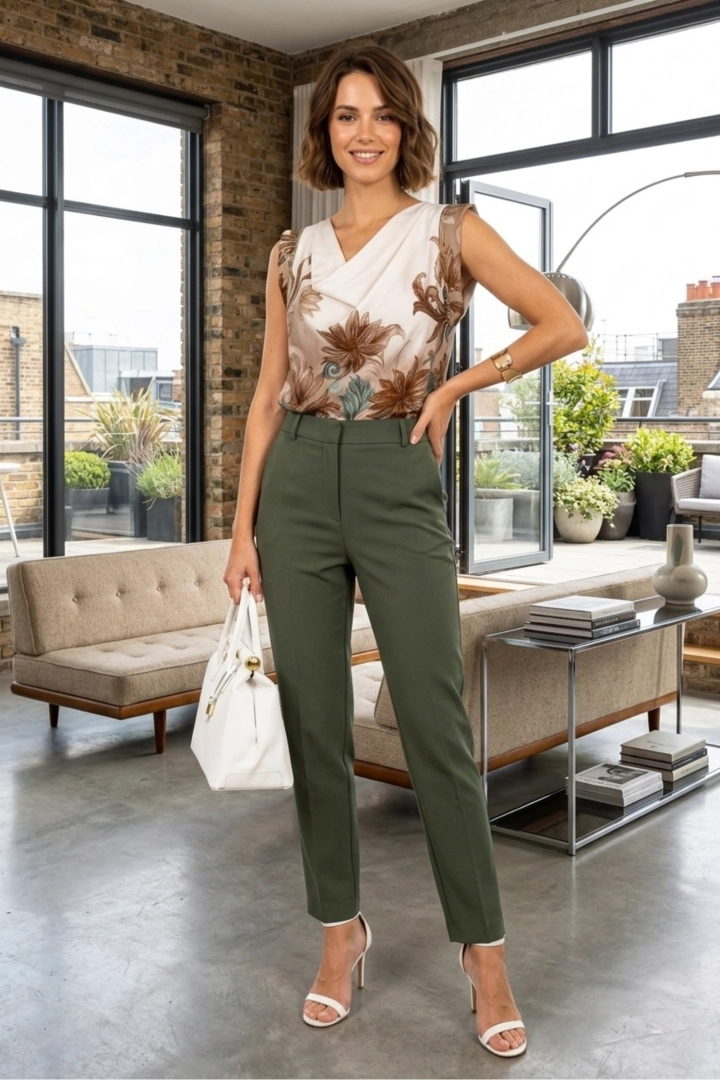 Satynowa bluzka damska ecru z brązowym printem kwiatowym dekolt woda Splotore