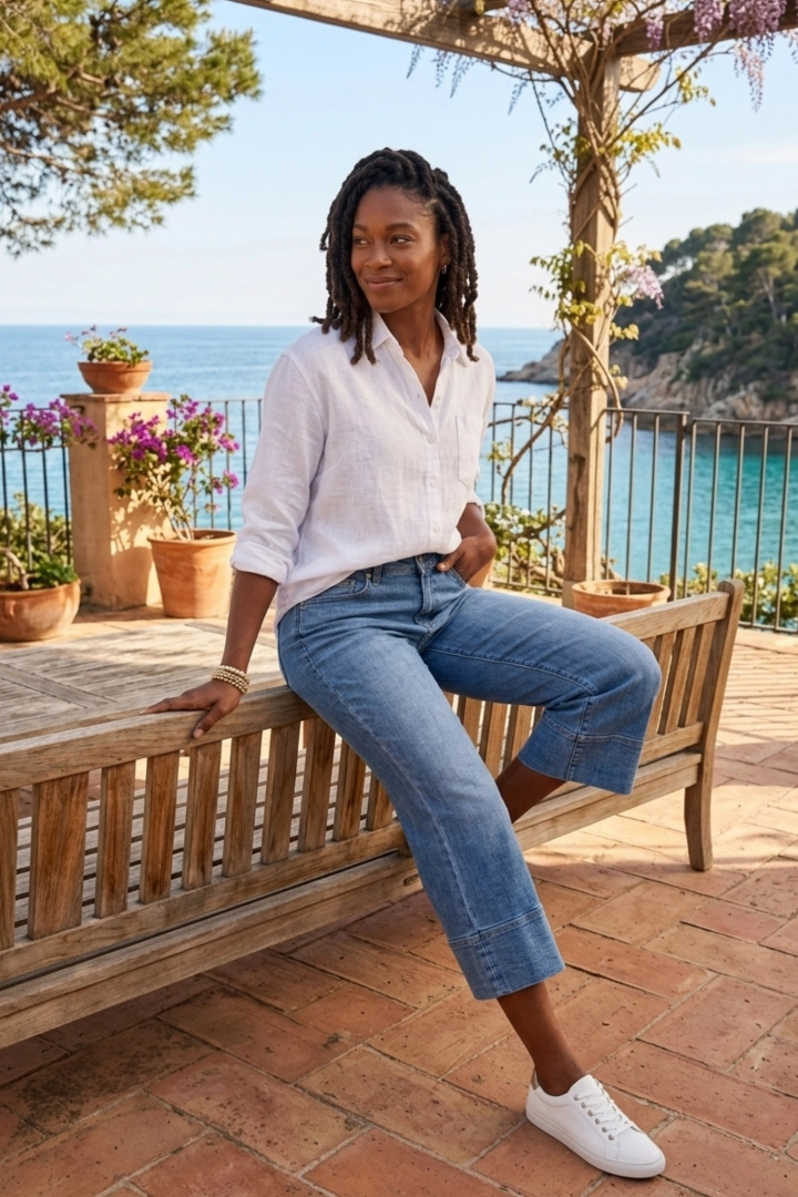 spodnie damskie jeansowe błękitne kuloty 7 8 z kieszeniami styl casual Martignano