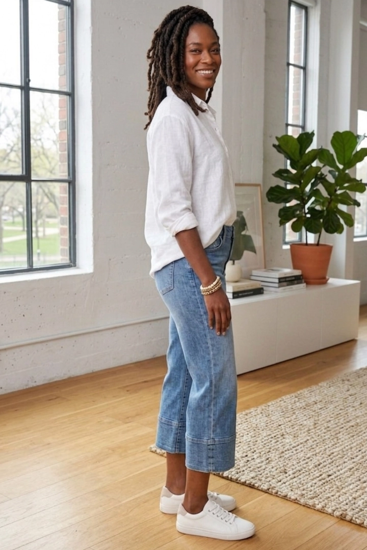 spodnie damskie jeansowe kuloty błękitne 7 8 szeroka nogawka z kieszeniami casual Martignano