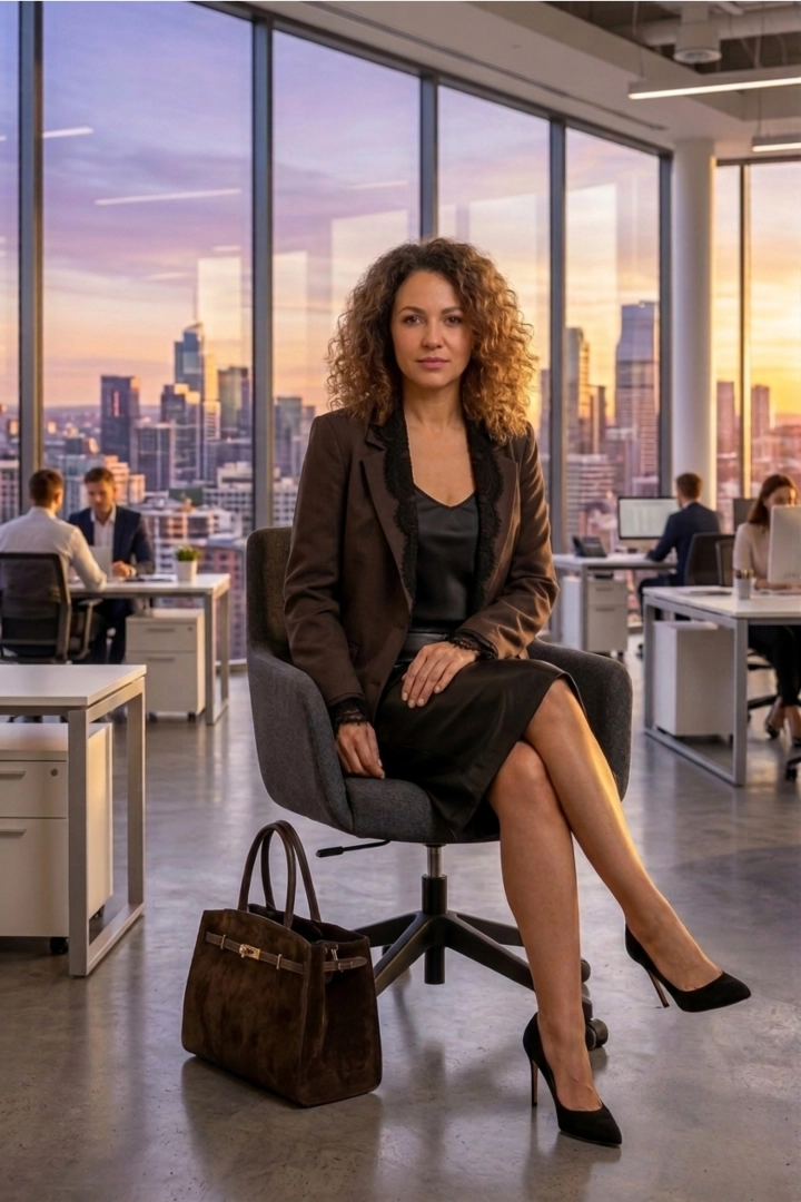 Żakiet damski brązowy z poduszkami na ramionach nadaje wyraźniejszy kształt górnej części sylwetki.