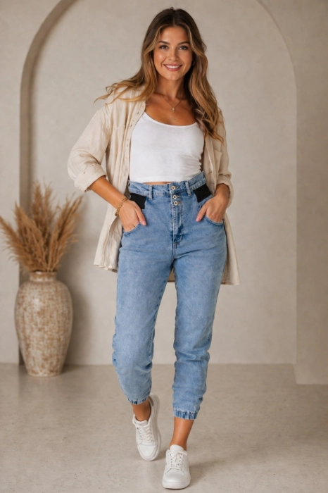 Spodnie jeansowe light denim blue z wysokim stanem szlufkami kieszeniami gumką w pasie i ściągaczami Campli