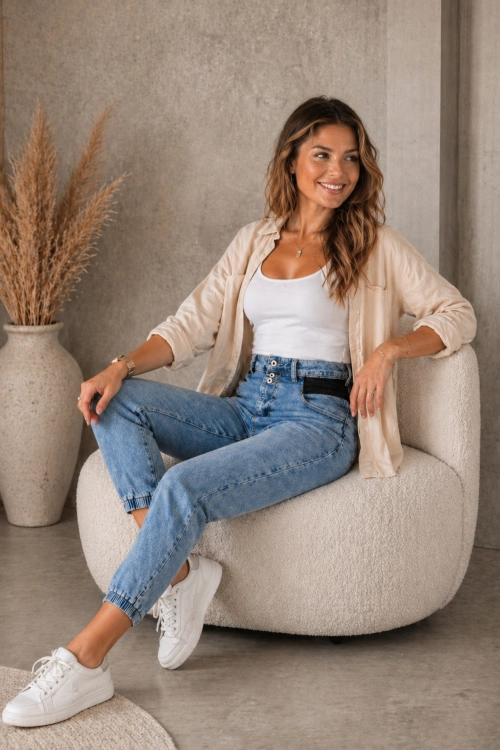 Spodnie jeansowe light denim blue damskie wysoki stan gumka w pasie kieszenie ściągacze Campli