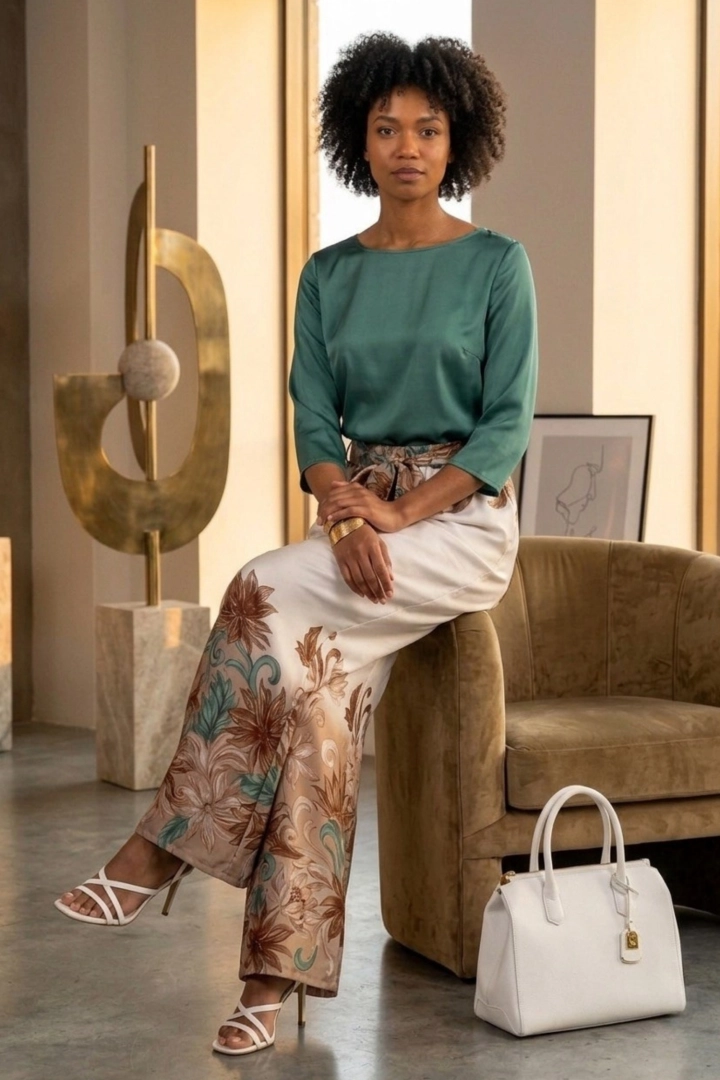 Spodnie wide leg damskie satynowe ecru brąz kwiatowy print kieszenie pas na gumce Roccamorice
