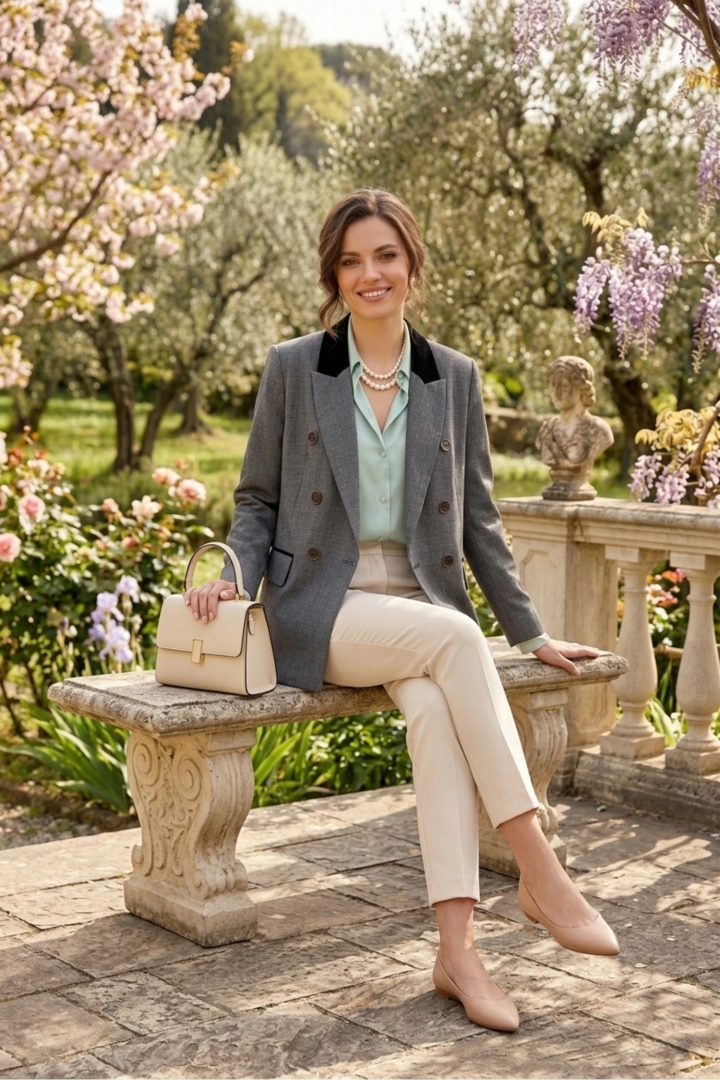 Grafitowa marynarka damska z czarnym kołnierzem i poduszkami na ramionach