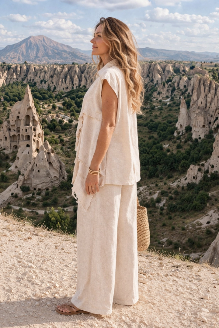 koszula damska lniana ecru beżowa oversize z falbankami i asymetrycznym dołem na guziki Frassanito