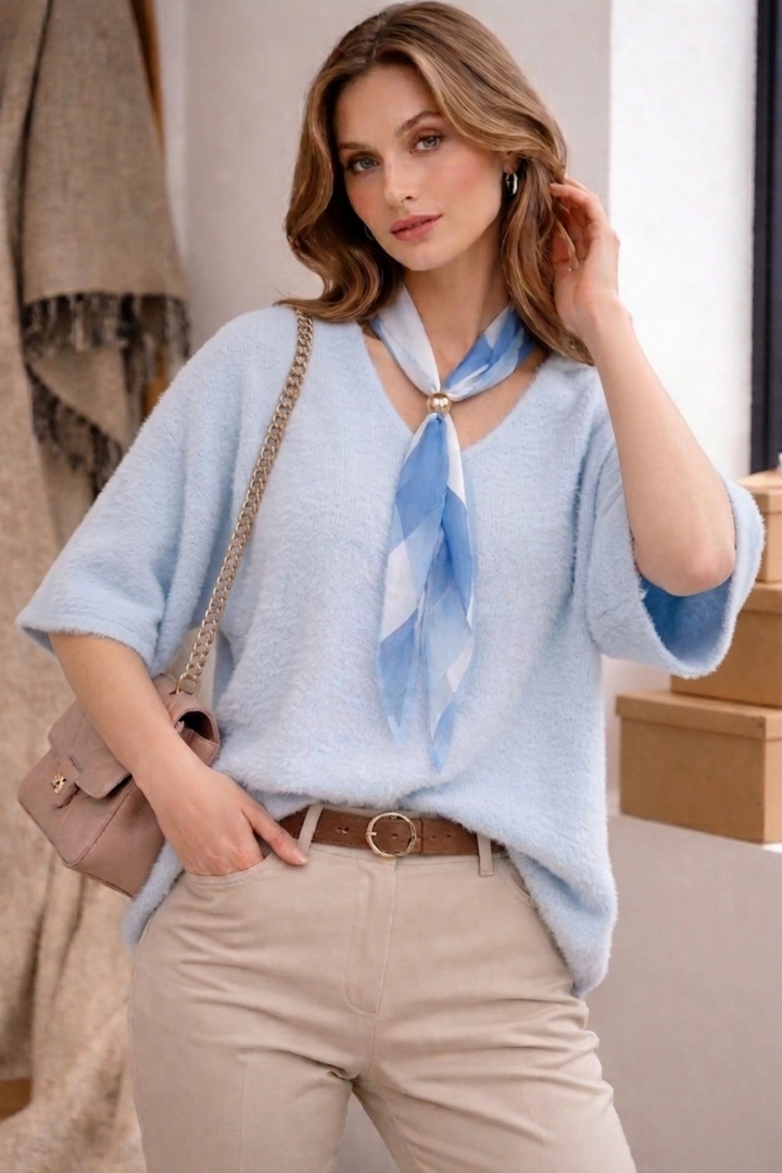 Bluzka błękitna damska kimono z dekoltem V i apaszką elegancka Castilenti