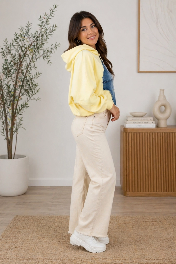 Bluza pastelowa żółta damska kaptur jeansowa naszywka rękaw kimono Controguerra