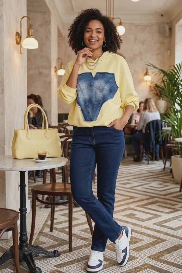 Bluza pastelowo żółta z kapturem jeansowa naszywka luźna rękaw kimono Controguerra