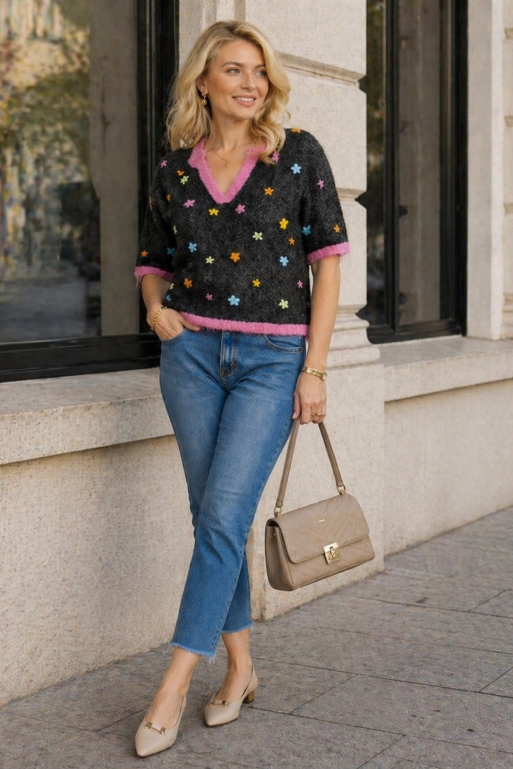 bluzka damska grafitowa z haftowanymi kwiatami dekolt V krótki rękaw Cavallino