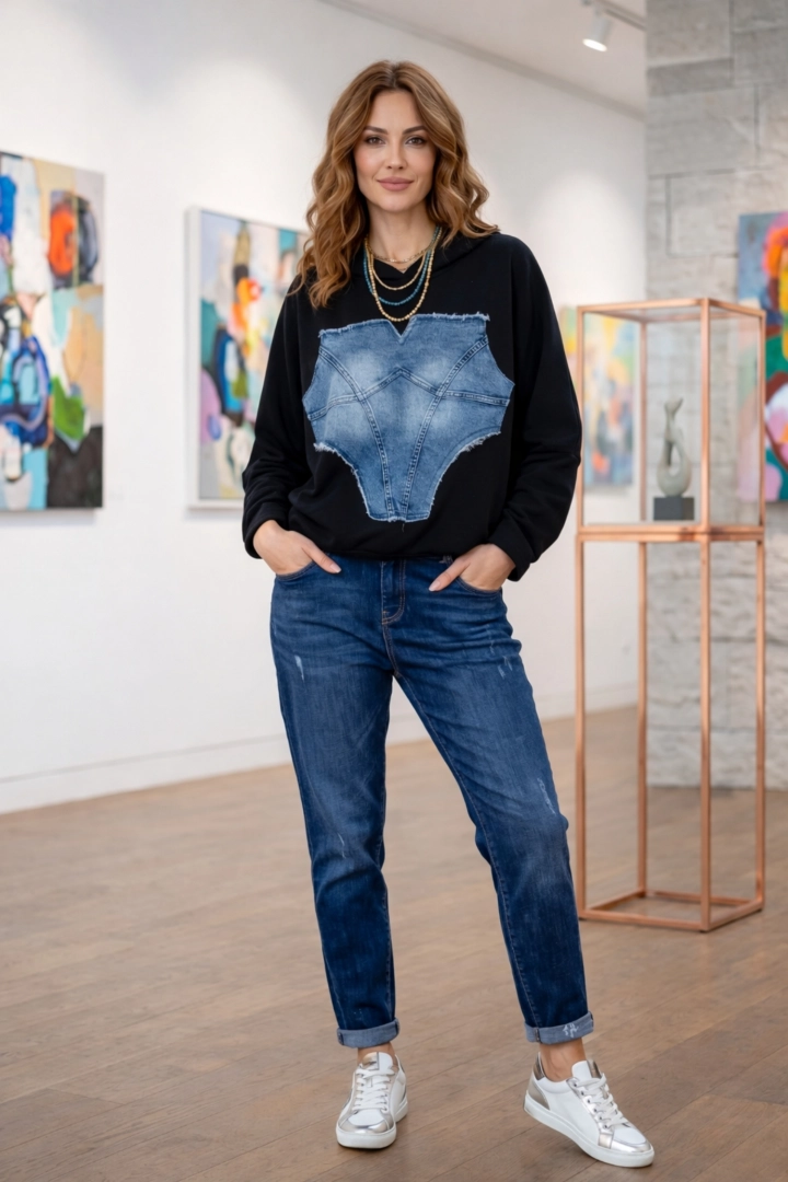 Bluza czarna damska kaptur jeansowa aplikacja rękaw kimono Controguerra