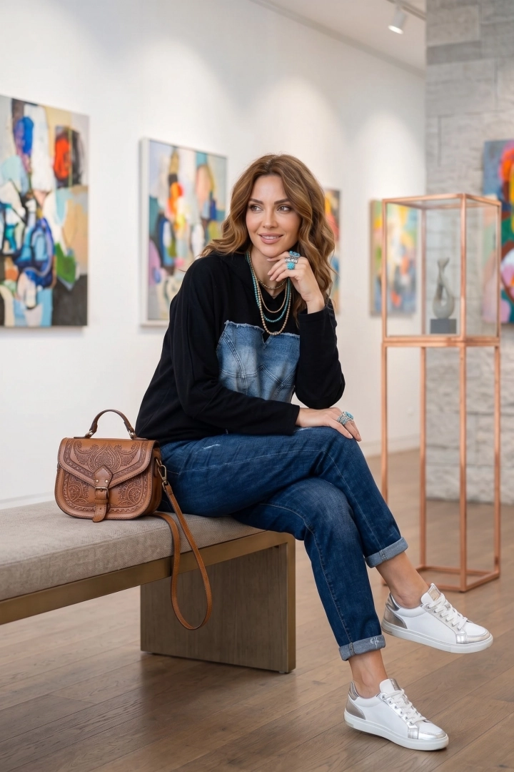 Bluza czarna z kapturem luźna rękaw kimono jeansowa naszywka Controguerra