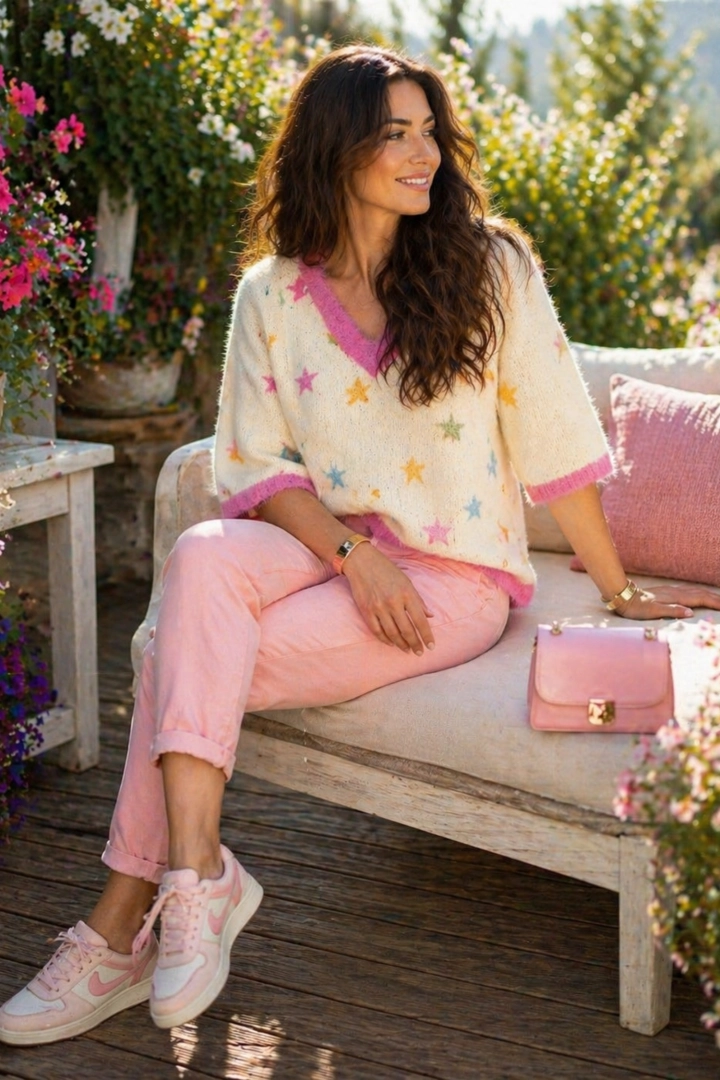 bluzka damska cappuccino z ozdobnym haftem kwiatowym dekolt V Cavallino